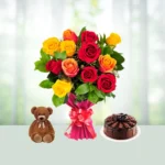 Send 24 Red And Yellow Roses Flowers Bouquet with Half Kg Chocolate Cake Gift Online in India