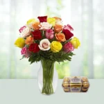 Send 24 Roses Flowers Bouquet In Vase with Fererro Rocher Chocolates Gift Online in India