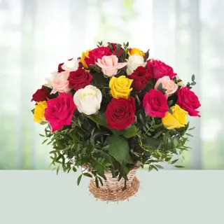 Send Flowers Bouquet 16 Red Pink Orange And Yellow Roses Gift Online in India