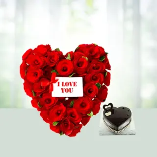 Send 40 Red Roses Flowers Bouquet In A Heart Shape with 1kg Chocolate Cake Gift Online in India