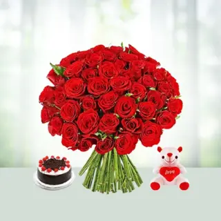 Send 40 Red Roses Flowers Bouquet with Teddy and 1/2 Kg Black Forest Cake Gift Online in India