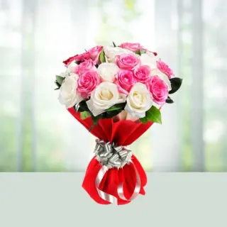 Send Flowers Bouquet 12 White And Pink Roses Gift Online in India