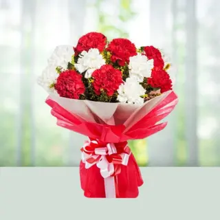 Send Flowers Bouquet 12 Red And White Carnations Gift Online in India