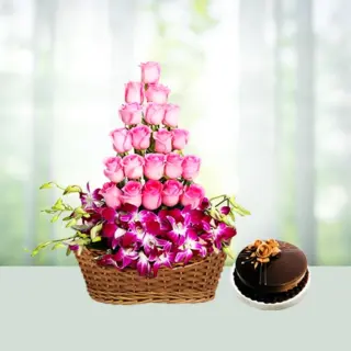 Send 6 Purple Orchids And 12 Pink Roses Flowers Bouquetswith Half kg Chocolates Truffle Cake Gift Online in India