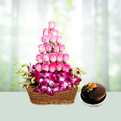 6-purple-orchids-12-pink-roses-half-kg-chocolatestruffle-cake-flowershopindia