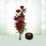 Send 6 Red Roses Flowers Bouquet with Half Kg Chocolate Cake Gift Online in India