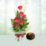Send 6 Roses Flowers Bouquet with Half Kg Chocolate Cake Gift Online in India