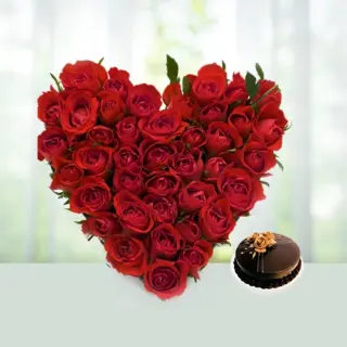 Send 60 Red Roses Flowers Bouquet with Half kg Chocolate Cake Gift Online in India