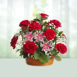 Send Flowers Basket 12 Red Roses 3 Asiatic Lilies Gift Online in India
