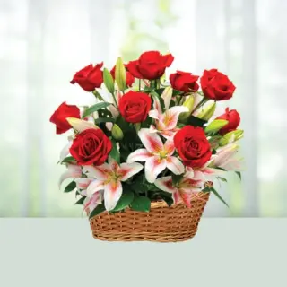 Send Flowers Basket 12 Red Roses And 6 Lilies Gift Online in India