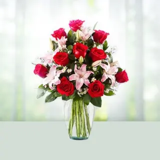 Send Flowers Bouquet 10 Red Or Pink Roses 6 Pink Lilies Gift Online in India