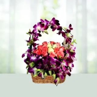 Send Flowers Basket 6 Purple Orchids 12 Pink Roses And 3 White Roses Gift Online in India