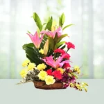 Send Flowers Basket 15 Red And Yellow Carnations 2 Oriental Pink Lilies And 4 Purple Orchids Gift Online in India