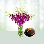 Send 8 Purple Ochids In Glass Vase And Half kg Chocolate Cake Gift Online in India