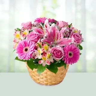 Send Flowers Basket 4 Oriental Pink Lilies 6 Pink Roses 6 Pink Gerberas And 6 White Gift Online in India