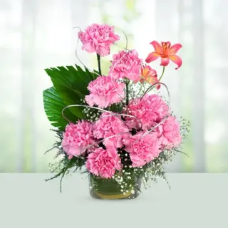 Send Flowers Basket 10 Pink Carnations And 2 Asiatic Pink Lilies Gift Online in India